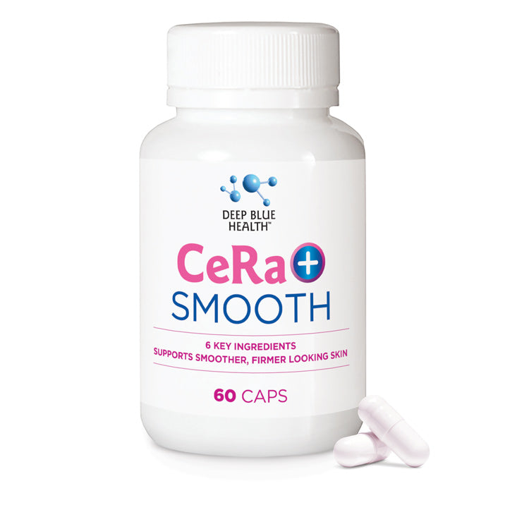 CeRa+ Smooth supplement bottle front and capsules on white background