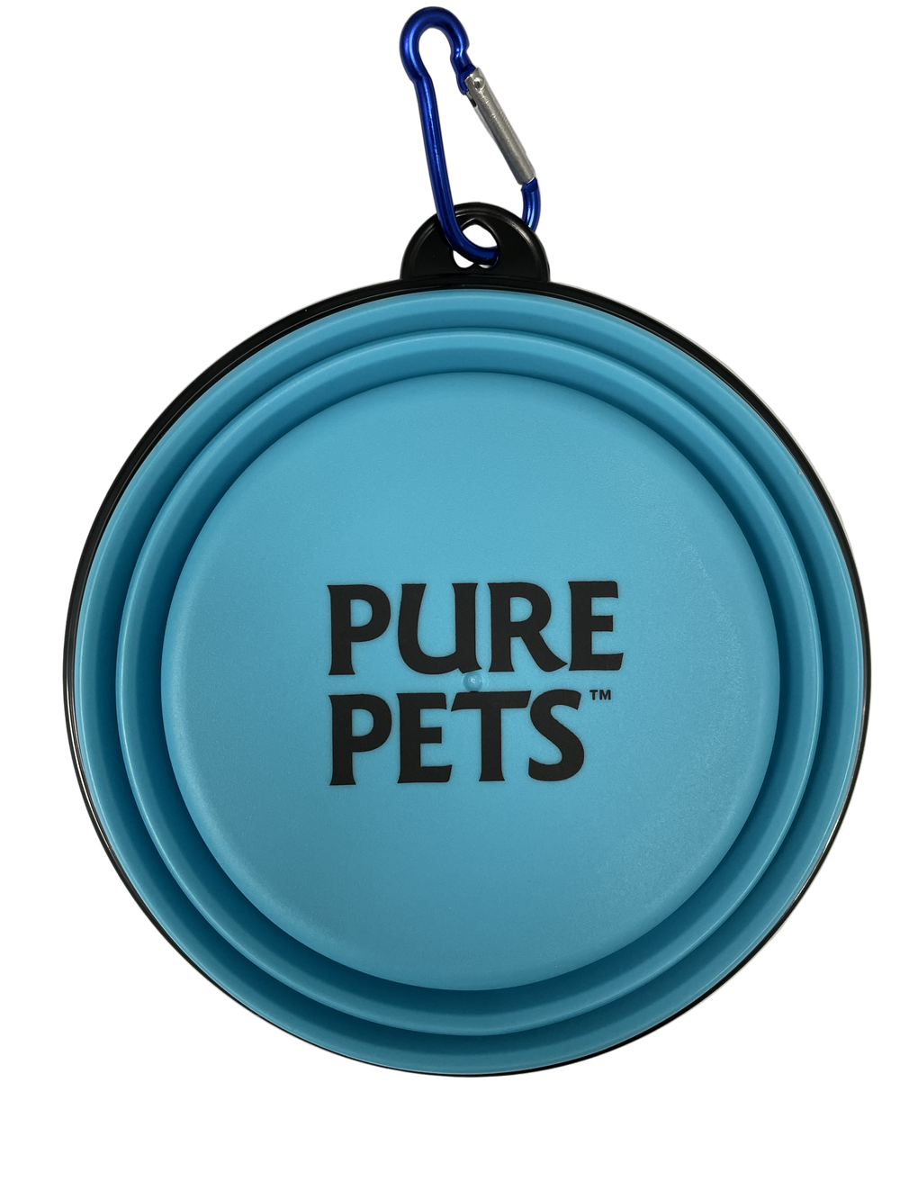 Blue collapsible pet travel bowl with PURE PETS branding and carabiner clip on white background