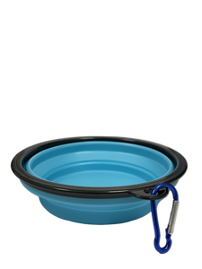 Blue collapsible pet bowl with black rim and blue carabiner on white background