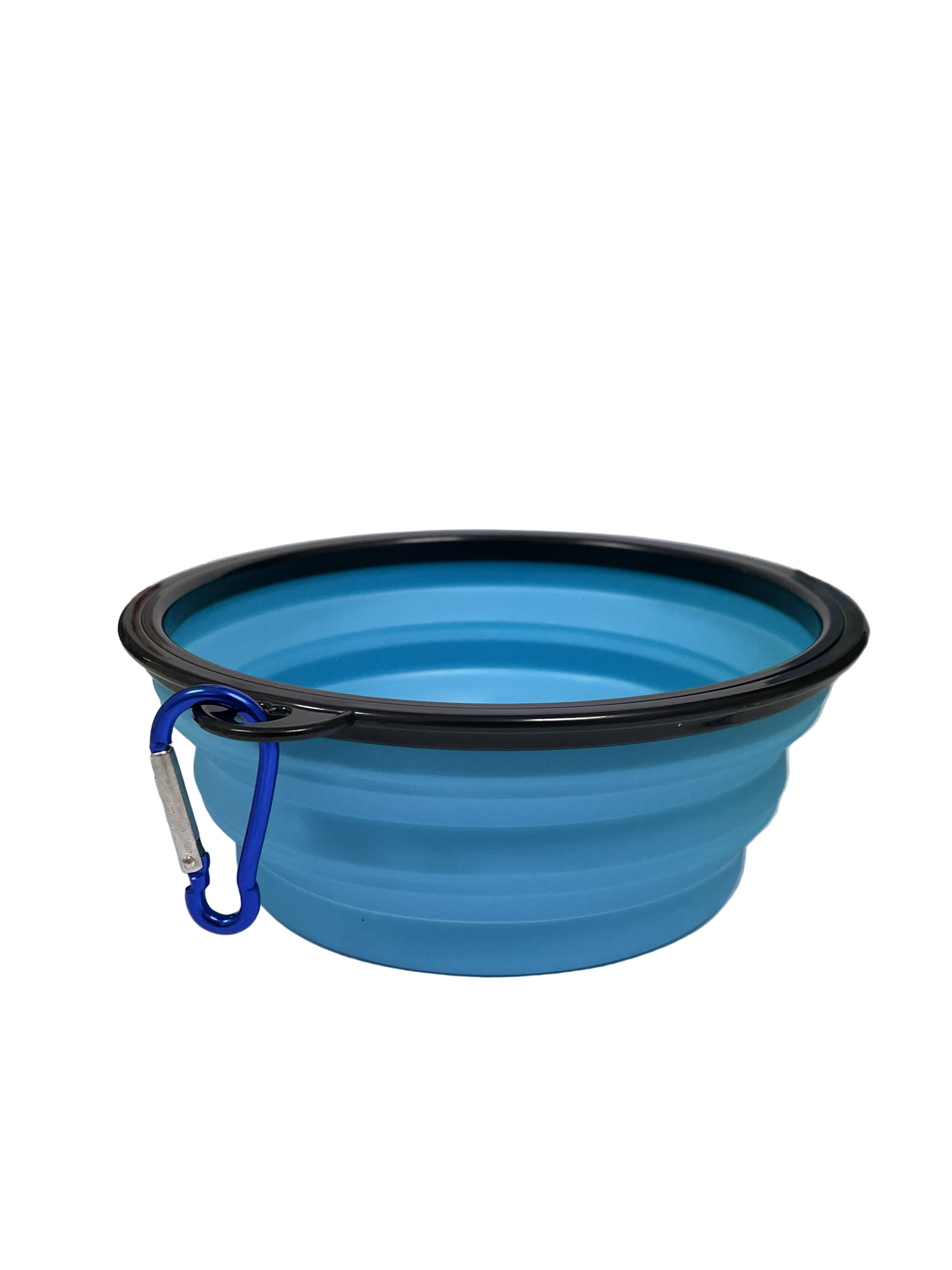 Blue collapsible pet bowl with carabiner on white background