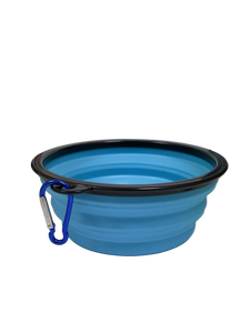 Blue collapsible pet bowl with carabiner on white background