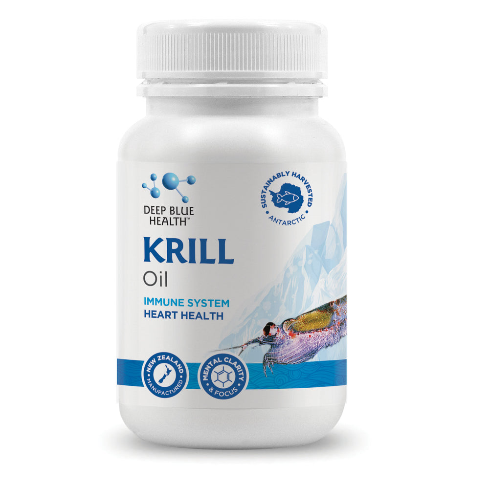 Deep Blue Health Krill Oil, housed in a white bottle featuring a water and mountain design, offers Omega-3 for immune and heart health. Sustainably sourced from Antarctica, this New Zealand product is rich in antioxidants.