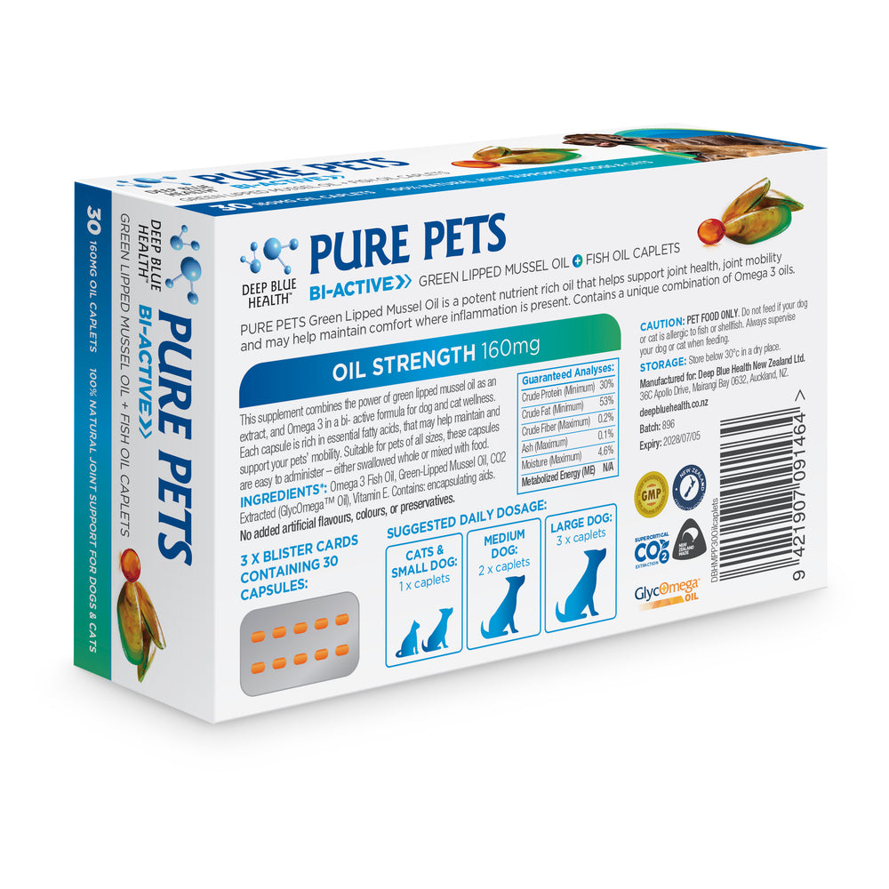 Back view of Pure Pets Bi-Active oil caplets box showing ingredients, dosage and nutritional information on white background
