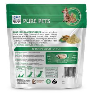 Back view of Pure Pets Powder Topper packaging for dogs and cats, showing ingredients and feeding instructions on green and white pouch