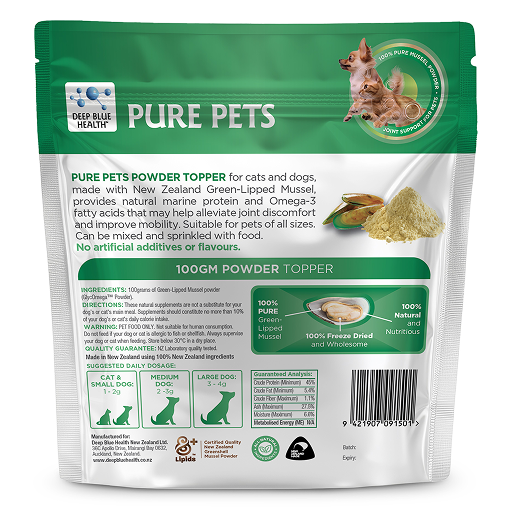 Back view of Pure Pets Powder Topper packaging for dogs and cats, showing ingredients and feeding instructions on green and white pouch