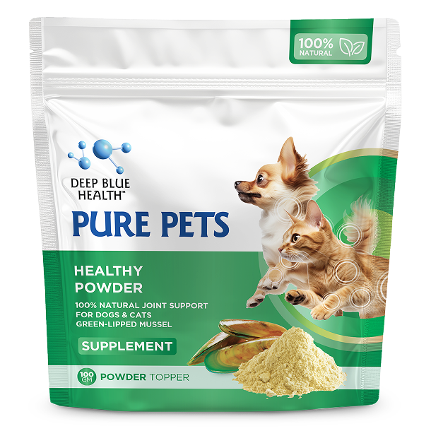 Package of Deep Blue Health Pure Pets Healthy Powder topper for dogs and cats, green-lipped mussel supplement on white background