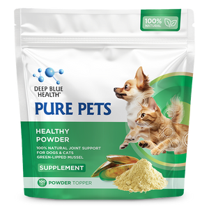 Package of Deep Blue Health Pure Pets Healthy Powder topper for dogs and cats, green-lipped mussel supplement on white background