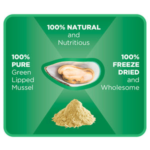 Infographic showing Pure Pets Powder Topper benefits: 100% pure green-lipped mussel, freeze dried and wholesome on a green background