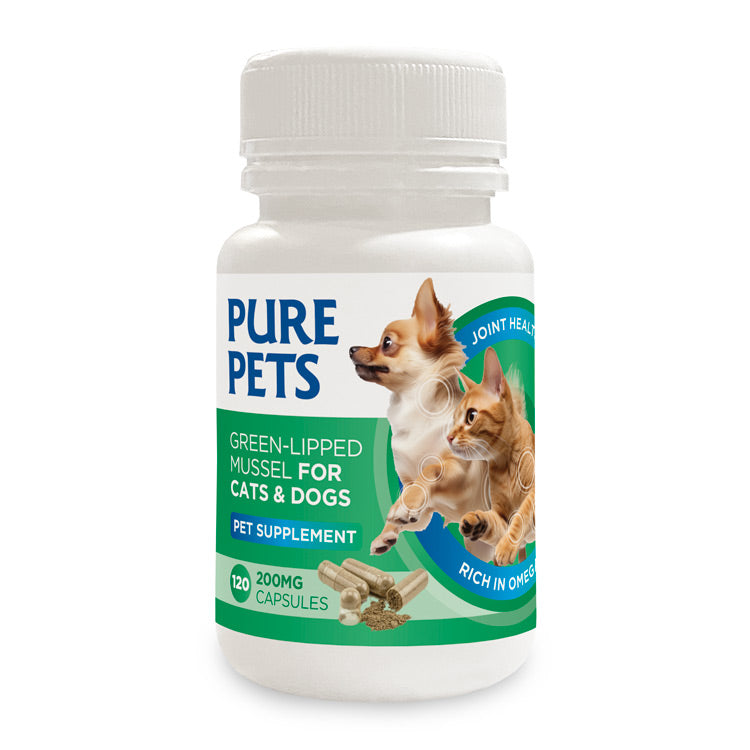 Pure Pets powder supplement bottle for dogs and cats on white background, green-lipped mussel formula
