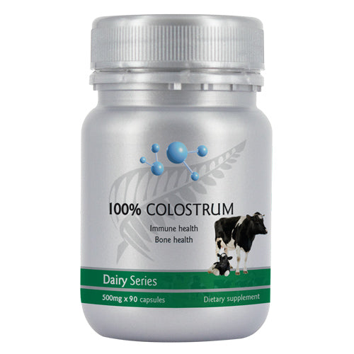 The 100% Colostrum supplement, in a sleek silver bottle with pasture-raised cow imagery, offers 90 capsules of 500mg each. Part of the Dairy Series, it promotes immune and bone health, providing robust support and wellness benefits.