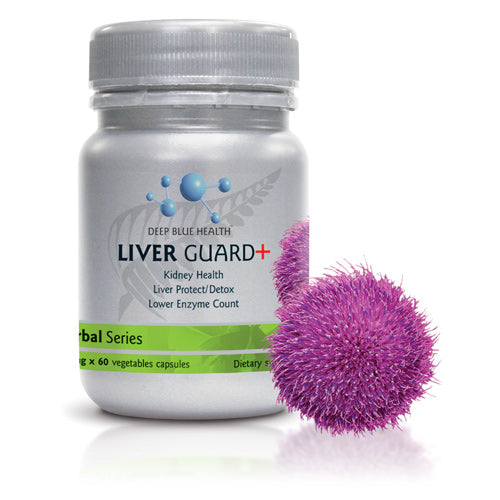 The LiverGuard+ dietary supplement bottle is displayed, offering liver support and detox benefits. The label emphasizes kidney health advantages. A thistle flower, representing the antioxidant minerals inside, is positioned next to the bottle.