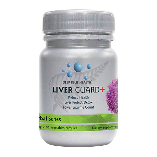 A silver bottle labeled LiverGuard+ shows a thistle design and emphasizes liver and kidney health as well as detox. Its rich in antioxidant minerals to promote lower enzyme counts, containing 60 vegetable capsules from the Herbal Series.