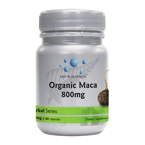 A silver bottle labeled Organic Black Maca features an illustration of maca root. The green label highlights its role in promoting hormonal balance. Part of the Herbal Series, this dietary supplement contains 60 capsules designed for an energy boost.